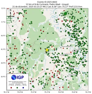 Mapa sísmico del sismo de magnitud 4.3 a 12 km al N de Curimaná, Padre Abad - Ucayali, Perú