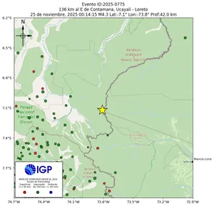 Mapa sísmico del sismo de magnitud 4.3 a 136 km al E de Contamana, Ucayali - Loreto, Perú