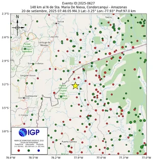 Mapa sísmico del sismo de magnitud 4.3 a 148 km al N de Sta. Maria De Nieva, Condorcanqui - Amazonas, Perú