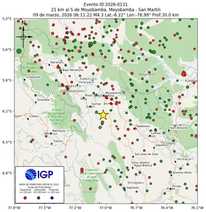 Mapa sísmico del sismo de magnitud 4.3 a 21 km al S de Moyobamba, Moyobamba - San Martín, Perú