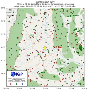 Mapa sísmico del sismo de magnitud 4.3 a 22 km al NE de Santa María de Nieva, Condorcanqui - Amazonas, Perú