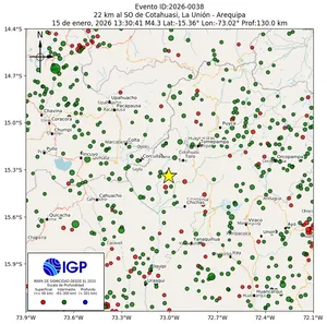 Mapa sísmico del sismo de magnitud 4.3 a 22 km al SO de Cotahuasi, La Unión - Arequipa, Perú