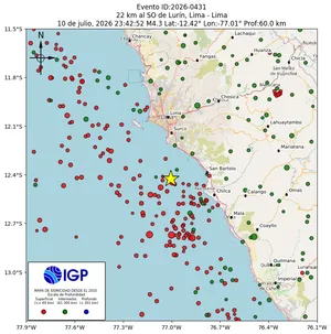 Mapa sísmico del sismo de magnitud 4.3 a 22 km al SO de Lurín, Lima - Lima, Perú
