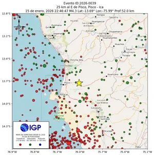 Mapa sísmico del sismo de magnitud 4.3 a 25 km al E de Pisco, Pisco - Ica, Perú