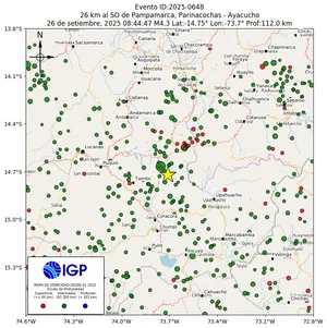 Mapa sísmico del sismo de magnitud 4.3 a 26 km al SO de Pampamarca, Parinacochas - Ayacucho, Perú