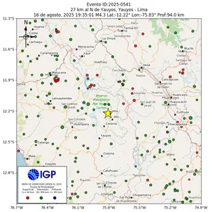 Mapa sísmico del sismo de magnitud 4.3 a 27 km al N de Yauyos, Yauyos - Lima, Perú
