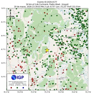 Mapa sísmico del sismo de magnitud 4.3 a 34 km al S de Curimaná, Padre Abad - Ucayali, Perú