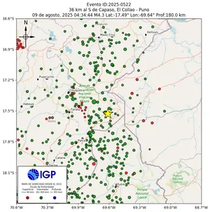 Mapa sísmico del sismo de magnitud 4.3 a 36 km al S de Capaso, El Collao - Puno, Perú