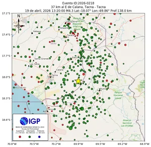 Mapa sísmico del sismo de magnitud 4.3 a 37 km al E de Calana, Tacna - Tacna, Perú