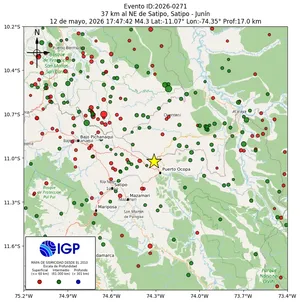 Mapa sísmico del sismo de magnitud 4.3 a 37 km al NE de Satipo, Satipo - Junín, Perú