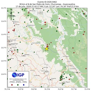 Mapa sísmico del sismo de magnitud 4.3 a 38 km al N de San Pedro de Coris, Churcampa - Huancavelica, Perú