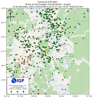 Mapa sísmico del sismo de magnitud 4.3 a 38 km al S de Pucallpa, Coronel Portillo - Ucayali, Perú