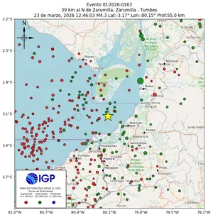Mapa sísmico del sismo de magnitud 4.3 a 39 km al N de Zarumilla, Zarumilla - Tumbes, Perú