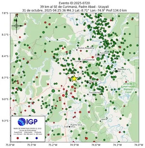 Mapa sísmico del sismo de magnitud 4.3 a 39 km al SE de Curimaná, Padre Abad - Ucayali, Perú