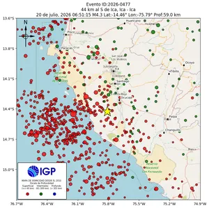 Mapa sísmico del sismo de magnitud 4.3 a 44 km al S de Ica, Ica - Ica, Perú