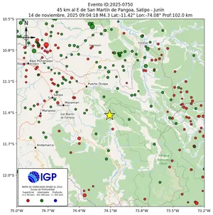 Mapa sísmico del sismo de magnitud 4.3 a 45 km al E de San Martín de Pangoa, Satipo - Junín, Perú