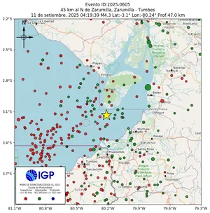Mapa sísmico del sismo de magnitud 4.3 a 45 km al N de Zarumilla, Zarumilla - Tumbes, Perú