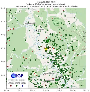 Mapa sísmico del sismo de magnitud 4.3 a 50 km al SE de Contamana, Ucayali - Loreto, Perú