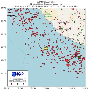 Mapa sísmico del sismo de magnitud 4.3 a 51 km al SO de Marcona, Nazca - Ica, Perú