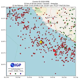 Mapa sísmico del sismo de magnitud 4.3 a 53 km al SO de Lomas, Caravelí - Arequipa, Perú