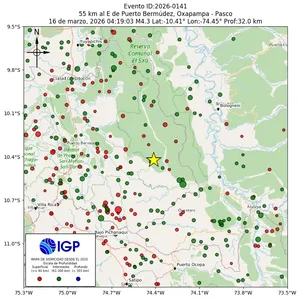 Mapa sísmico del sismo de magnitud 4.3 a 55 km al E de Puerto Bermúdez, Oxapampa - Pasco, Perú