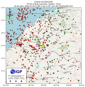 Mapa sísmico del sismo de magnitud 4.3 a 57 km al N de Lancones, Sullana - Piura, Perú