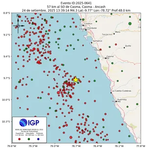 Mapa sísmico del sismo de magnitud 4.3 a 57 km al SO de Casma, Casma - Ancash, Perú