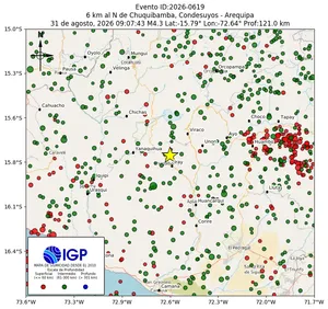 Mapa sísmico del sismo de magnitud 4.3 a 6 km al N de Chuquibamba, Condesuyos - Arequipa, Perú