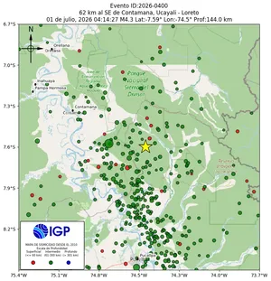 Mapa sísmico del sismo de magnitud 4.3 a 62 km al SE de Contamana, Ucayali - Loreto, Perú