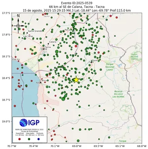 Mapa sísmico del sismo de magnitud 4.3 a 66 km al SE de Calana, Tacna - Tacna, Perú