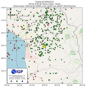 Mapa sísmico del sismo de magnitud 4.3 a 67 km al SE de Tacna, Tacna - Tacna, Perú