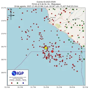 Mapa sísmico del sismo de magnitud 4.3 a 70 km al S de Ilo, Ilo - Moquegua, Perú