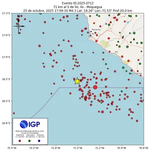 Mapa sísmico del sismo de magnitud 4.3 a 71 km al S de Ilo, Ilo - Moquegua, Perú