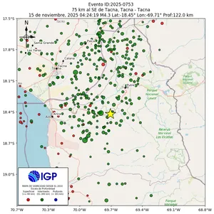 Mapa sísmico del sismo de magnitud 4.3 a 75 km al SE de Tacna, Tacna - Tacna, Perú