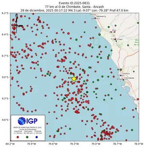 Mapa sísmico del sismo de magnitud 4.3 a 77 km al O de Chimbote, Santa - Áncash, Perú