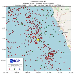 Mapa sísmico del sismo de magnitud 4.3 a 78 km al SO de Chimbote, Santa - Áncash, Perú
