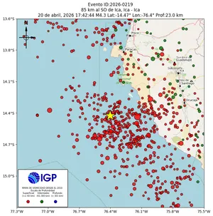 Mapa sísmico del sismo de magnitud 4.3 a 85 km al SO de Ica, Ica - Ica, Perú