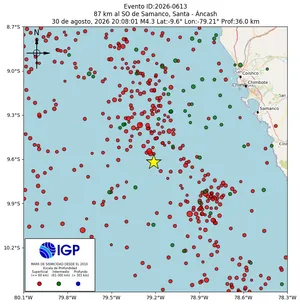 Mapa sísmico del sismo de magnitud 4.3 a 87 km al SO de Samanco, Santa - Áncash, Perú