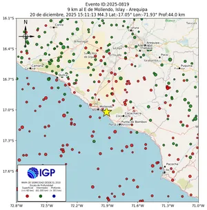 Mapa sísmico del sismo de magnitud 4.3 a 9 km al E de Mollendo, Islay - Arequipa, Perú