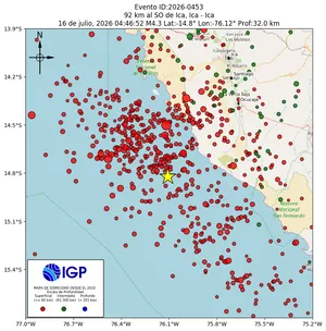 Mapa sísmico del sismo de magnitud 4.3 a 92 km al SO de Ica, Ica - Ica, Perú
