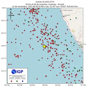 Mapa sísmico del sismo de magnitud 4.3 a 94 km al SO de Huarmey, Huarmey - Áncash, Perú