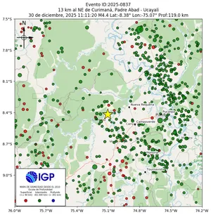 Mapa sísmico del sismo de magnitud 4.4 a 13 km al NE de Curimaná, Padre Abad - Ucayali, Perú