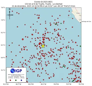 Mapa sísmico del sismo de magnitud 4.4 a 131 km al O de Trujillo, Trujillo - La Libertad, Perú