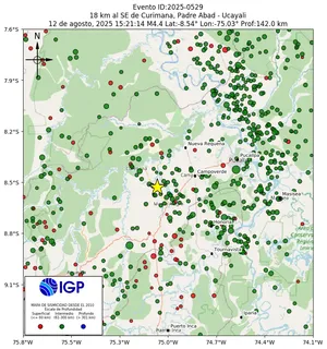 Mapa sísmico del sismo de magnitud 4.4 a 18 km al SE de Curimana, Padre Abad - Ucayali, Perú