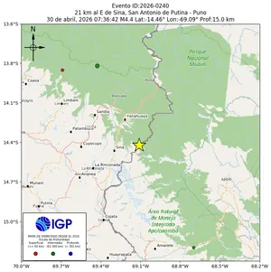 Mapa sísmico del sismo de magnitud 4.4 a 21 km al E de Sina, San Antonio de Putina - Puno, Perú