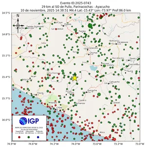 Mapa sísmico del sismo de magnitud 4.4 a 29 km al SO de Pullo, Parinacochas - Ayacucho, Perú