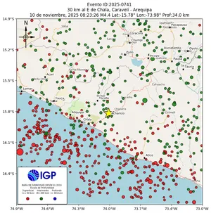 Mapa sísmico del sismo de magnitud 4.4 a 30 km al E de Chala, Caravelí - Arequipa, Perú
