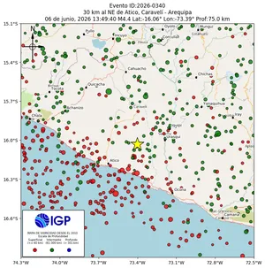 Mapa sísmico del sismo de magnitud 4.4 a 30 km al NE de Atico, Caravelí - Arequipa, Perú
