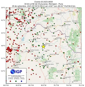 Mapa sísmico del sismo de magnitud 4.4 a 34 km al NE de Chulucanas, Morropon - Piura, Perú