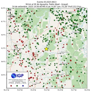 Mapa sísmico del sismo de magnitud 4.4 a 36 km al SE de Aguaytia, Padre Abad - Ucayali, Perú